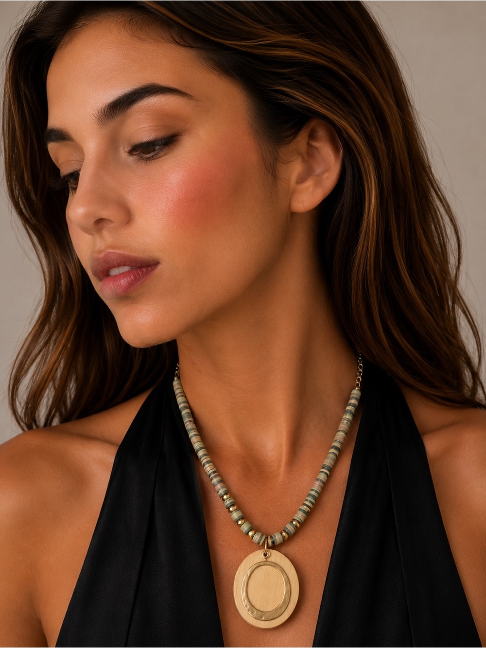 Ashley Cooper Green Beaded Necklace with Gold Wooden Pendant